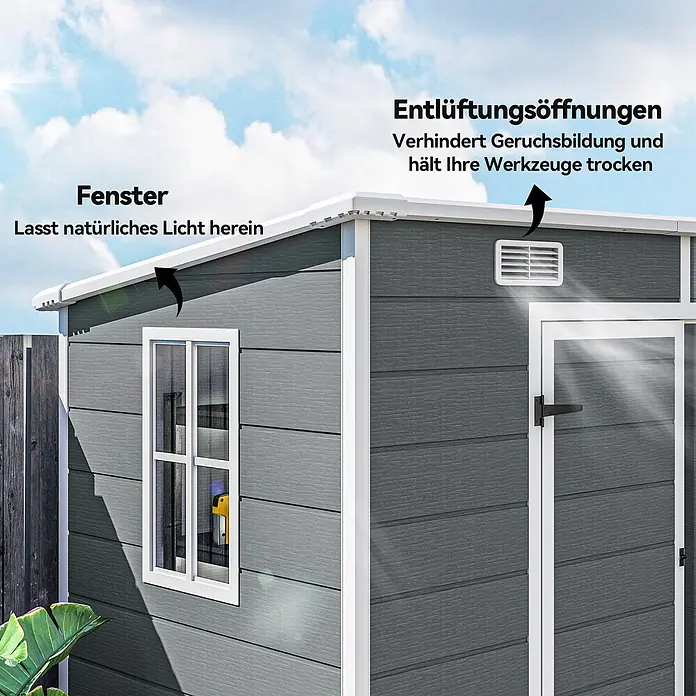 Outsunny Gerätehaus - Außenbreite inkl. Dachüberstand: 238 cm, Außentiefe inkl. Dachüberstand: 125 cm, Aluminium, Grau - Graues Gartenhaus mit strukturierter Oberfläche, weißen Zierleisten, Fenster für natürliches Licht und Lüftung gegen Feuchtigkeit.