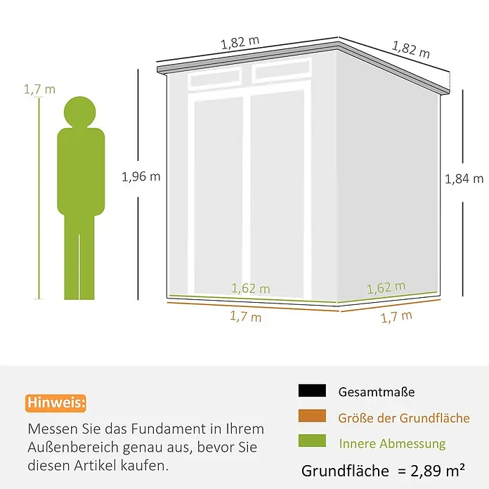 Outsunny Gerätehaus - Außenbreite inkl. Dachüberstand: 182 cm, Außentiefe inkl. Dachüberstand: 182 cm, Aluminium, Grau - Bemaßte Skizze eines Geräteschuppens mit Pultdach, externen und internen Maßen sowie einer Person zum Größenvergleich.