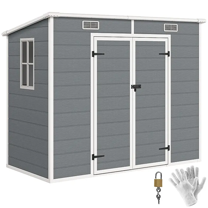 Outsunny Gerätehaus - Außenbreite inkl. Dachüberstand: 238 cm, Außentiefe inkl. Dachüberstand: 125 cm, Aluminium, Grau - Grauer Gartenschuppen mit strukturierter Verkleidung, weißem Rahmen, Fenster und Doppeltüren. Inklusive Vorhängeschloss und Handschuhen.