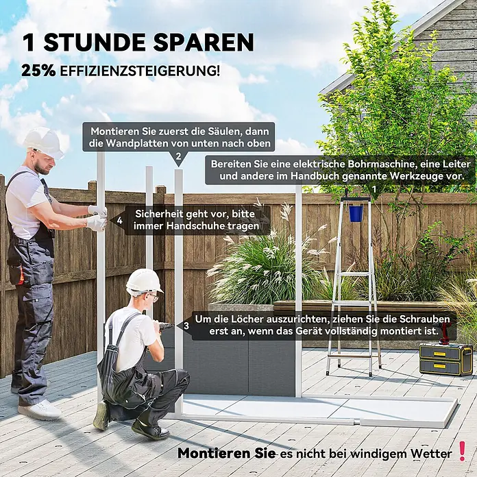Outsunny Gerätehaus - Außenbreite inkl. Dachüberstand: 238 cm, Außentiefe inkl. Dachüberstand: 125 cm, Aluminium, Grau - Zwei Arbeiter montieren eine modulare grau-weiße Außenkonstruktion auf einer Holzterrasse mit einem Bohrer und Anweisungen.