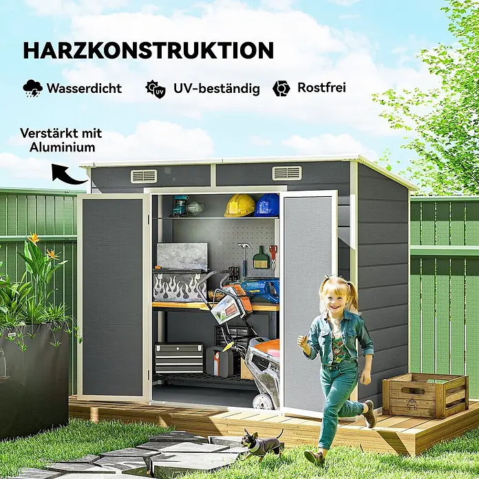 Outsunny Gerätehaus - Außenbreite inkl. Dachüberstand: 238 cm, Außentiefe inkl. Dachüberstand: 125 cm, Aluminium, Grau - Dunkelgraues Gartenhaus aus Harz mit offenen Türen, zeigt Werkzeuge innen. Ein Kind und Hund spielen davor, unterstreicht Geräumigkeit.