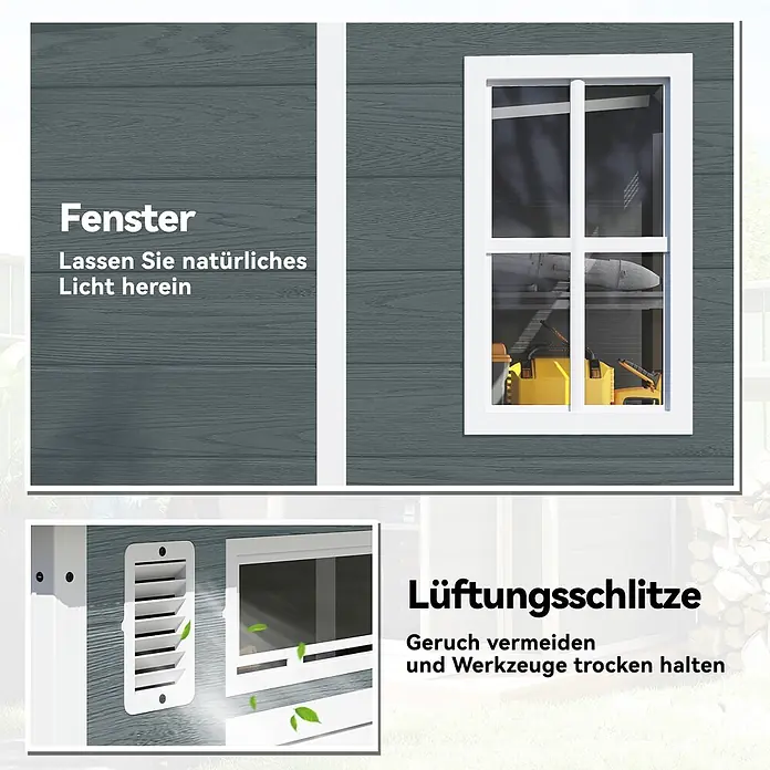 Outsunny Gerätehaus - Außenbreite inkl. Dachüberstand: 182 cm, Außentiefe inkl. Dachüberstand: 182 cm, Aluminium, Grau - Fenster für natürliches Licht und Lüftungsschlitz für Geruchskontrolle und trockene Werkzeuge an einer dunkelgrauen Holzfassade.