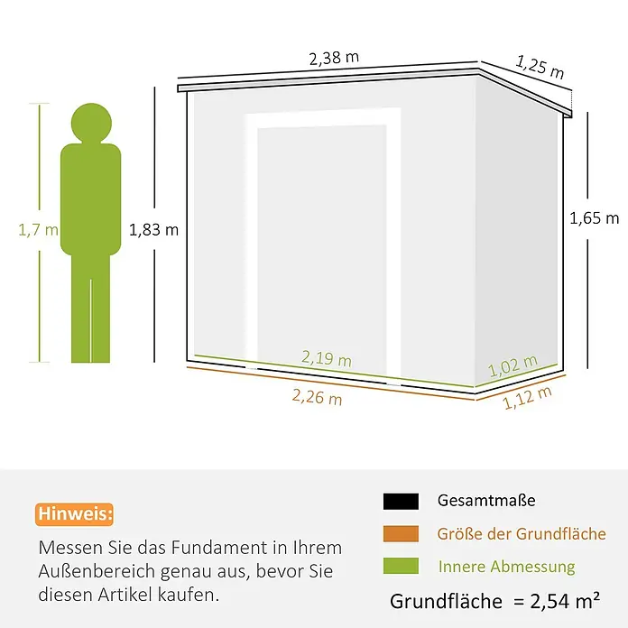 Outsunny Gerätehaus - Außenbreite inkl. Dachüberstand: 238 cm, Außentiefe inkl. Dachüberstand: 125 cm, Aluminium, Grau - Gartenhaus mit Maßangaben für Länge, Breite und Höhe; inklusive menschlicher Figur zur Größenreferenz und Grundfläche 2,54 m².