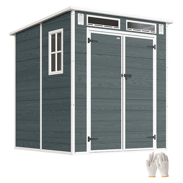 Outsunny Gerätehaus - Außenbreite inkl. Dachüberstand: 182 cm, Außentiefe inkl. Dachüberstand: 182 cm, Aluminium, Grau - Dunkelgrauer Gartenschuppen in Holzoptik mit weißem Rahmen, Fenster, Doppeltüren, Lüftungsschlitzen und Arbeitshandschuhen.