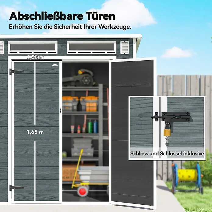 Outsunny Gerätehaus - Außenbreite inkl. Dachüberstand: 182 cm, Außentiefe inkl. Dachüberstand: 182 cm, Aluminium, Grau - Dunkelgraues Gartenhaus mit abschließbaren Doppeltüren und Riegelverschluss, inklusive Schloss und Schlüssel. Türöffnungsmaße: 0,58 m breit, 1,65 m hoch.