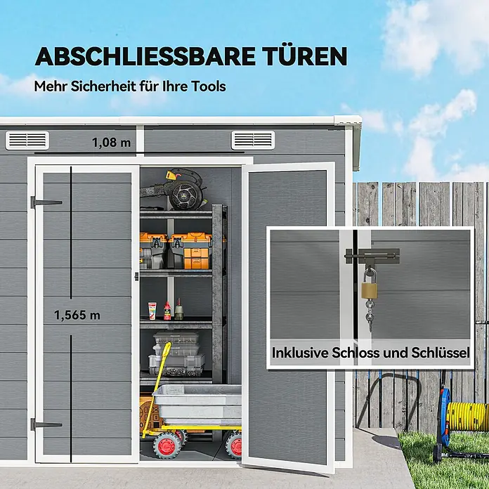 Outsunny Gerätehaus - Außenbreite inkl. Dachüberstand: 238 cm, Außentiefe inkl. Dachüberstand: 125 cm, Aluminium, Grau - Graues Gerätehaus mit offenen Türen, zeigt Werkzeuge. Abschließbare Türen (1,08m B x 1,565m H) inkl. Schloss und Schlüssel für Sicherheit.