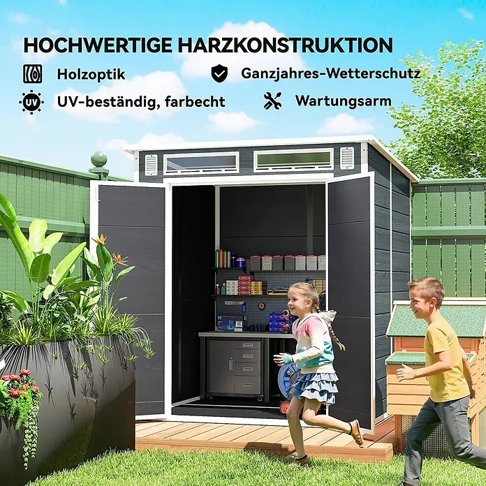 Outsunny Gerätehaus - Außenbreite inkl. Dachüberstand: 182 cm, Außentiefe inkl. Dachüberstand: 182 cm, Aluminium, Grau - Dunkelgraues Gartengerätehaus aus Harz in Holzoptik, mit Stauraum, in einem Garten mit spielenden Kindern.