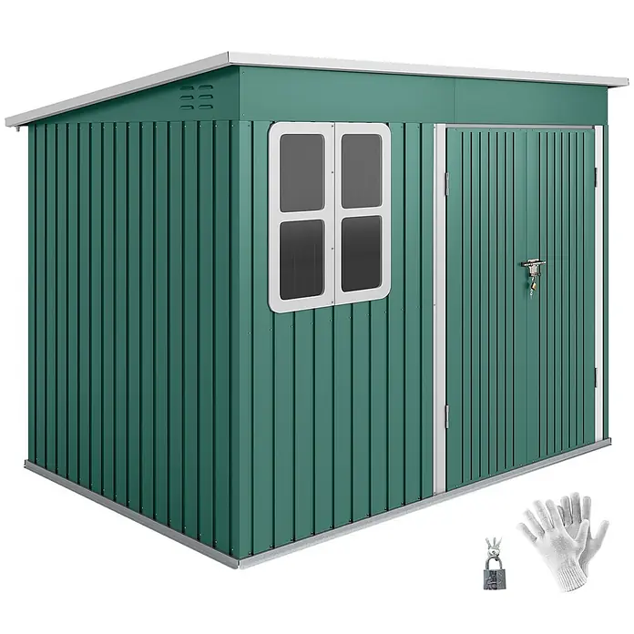 Outsunny Gerätehaus - Außenbreite inkl. Dachüberstand: 260 cm, Außentiefe inkl. Dachüberstand: 177 cm, Stahl, Grün - Grünes Metallgartenhaus mit weißem Pultdach, Fenster und abschließbarer Tür. Inklusive Handschuhe und Vorhängeschloss.