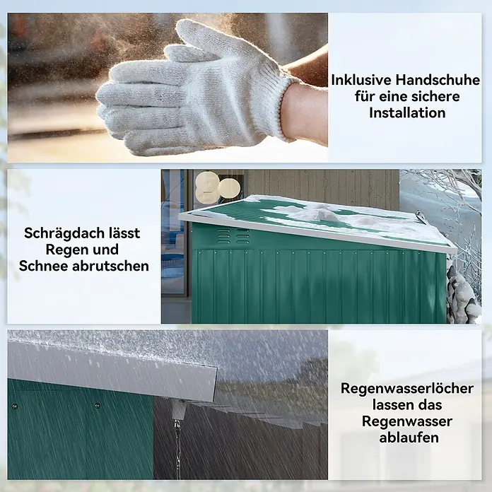 Outsunny Gerätehaus - Außenbreite inkl. Dachüberstand: 260 cm, Außentiefe inkl. Dachüberstand: 177 cm, Stahl, Grün - Grünes Metallgerätehaus mit Schrägdach für Schnee-/Regenablauf, integrierter Regenrinne und inkludierten Montagehandschuhen.