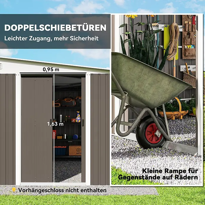Outsunny Gerätehaus - Außenbreite inkl. Dachüberstand: 280 cm, Außentiefe inkl. Dachüberstand: 345 cm, Stahl, Grau - Brauner Geräteschuppen mit offenen Doppelschiebetüren (0,95x1,63m) und kleiner Rampe für Rollgeräte. Bietet einfachen Zugang und sichere Lagerung.