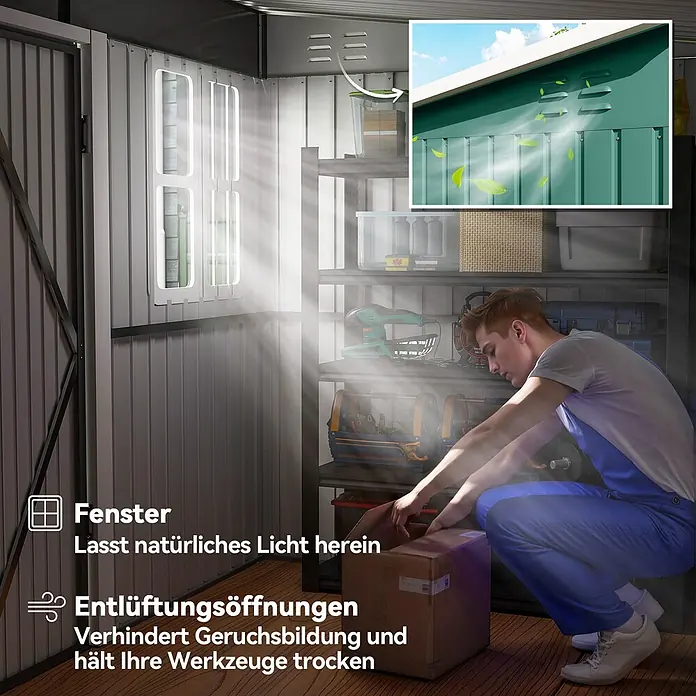 Outsunny Gerätehaus - Außenbreite inkl. Dachüberstand: 260 cm, Außentiefe inkl. Dachüberstand: 177 cm, Stahl, Grün - Schuppen-Interieur mit Fenstern für natürliches Licht und Lüftungsöffnungen, die Geruchsbildung verhindern und Werkzeuge trocken halten.