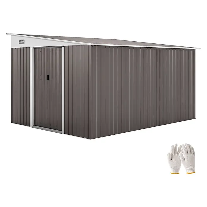 Outsunny Gerätehaus - Außenbreite inkl. Dachüberstand: 280 cm, Außentiefe inkl. Dachüberstand: 345 cm, Stahl, Grau - Brauner Metall-Gartenschuppen mit weißem Pultdach und ein Paar weißen Arbeitshandschuhen. Ideal zur Aufbewahrung im Freien.