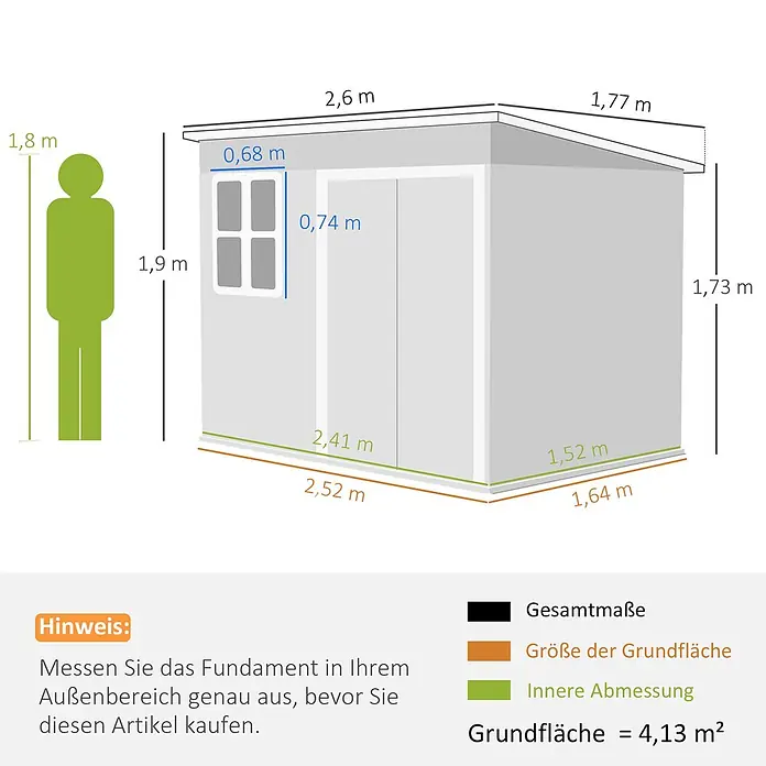 Outsunny Gerätehaus - Außenbreite inkl. Dachüberstand: 260 cm, Außentiefe inkl. Dachüberstand: 177 cm, Stahl, Grün - Detaillierte technische Zeichnung eines hellgrauen Gartenhauses mit Maßen. Grundfläche 2,52m x 1,64m, Höhe 1,9m bis 1,73m.