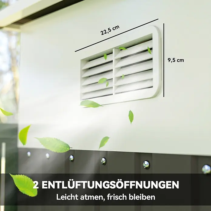Outsunny Gerätehaus - Außenbreite inkl. Dachüberstand: 280 cm, Außentiefe inkl. Dachüberstand: 345 cm, Stahl, Grau - Weißes Lüftungsgitter, 22,5 x 9,5 cm, für frische Luft, an Außenwand montiert, mit fliegenden Blättern.