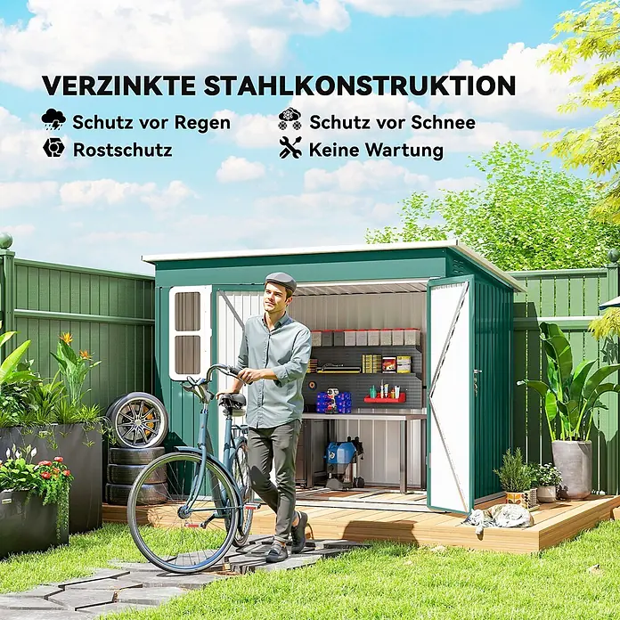 Outsunny Gerätehaus - Außenbreite inkl. Dachüberstand: 260 cm, Außentiefe inkl. Dachüberstand: 177 cm, Stahl, Grün - Grüner Geräteschuppen aus verzinktem Stahl im Garten, bietet Schutz vor Regen, Schnee und Rost, gezeigt mit Mann und Fahrrad.