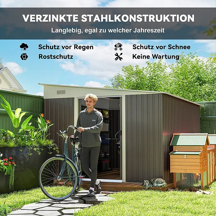 Outsunny Gerätehaus - Außenbreite inkl. Dachüberstand: 280 cm, Außentiefe inkl. Dachüberstand: 345 cm, Stahl, Grau - Verzinkter Gartenhauss in Braun/Dunkelgrau, langlebig für ganzjährige Lagerung, regen-, schnee- und rostbeständig, wartungsfrei.