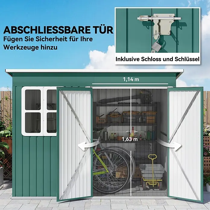 Outsunny Gerätehaus - Außenbreite inkl. Dachüberstand: 260 cm, Außentiefe inkl. Dachüberstand: 177 cm, Stahl, Grün - Grünes Gartenhaus aus Metall mit offenen, abschließbaren Türen und Fenster, zeigt Werkzeuge und Fahrrad. Maße 1,14 m x 1,63 m.