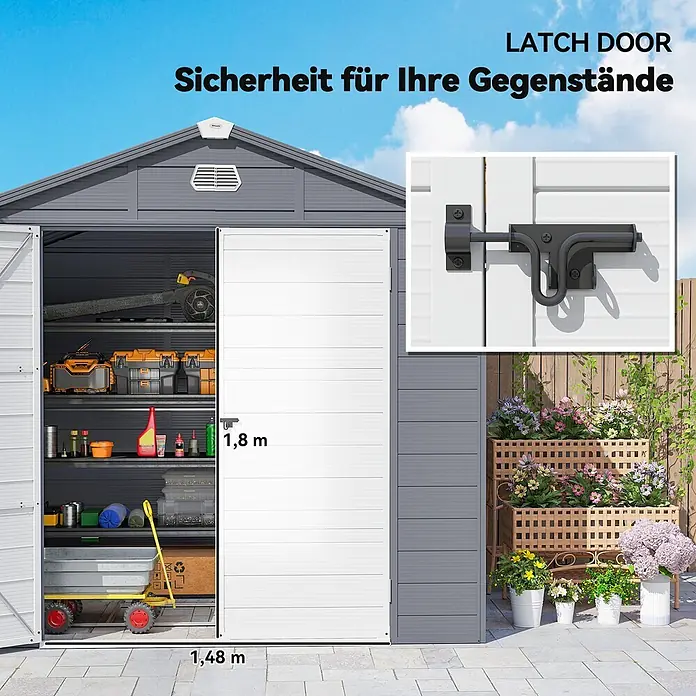 Outsunny Gerätehaus - Außenbreite inkl. Dachüberstand: 240 cm, Außentiefe inkl. Dachüberstand: 190 cm, Aluminium, Dunkelgrau - Grauer und weißer Geräteschuppen mit Riegeltür, zeigt Inneneinrichtung und Maße 1,8x1,48m.