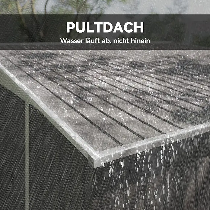 Outsunny Gerätehaus - Außenbreite inkl. Dachüberstand: 280 cm, Außentiefe inkl. Dachüberstand: 345 cm, Stahl, Grau - Pultdach bei starkem Regen, das Wasser effektiv von seiner dunklen Oberfläche ableitet.