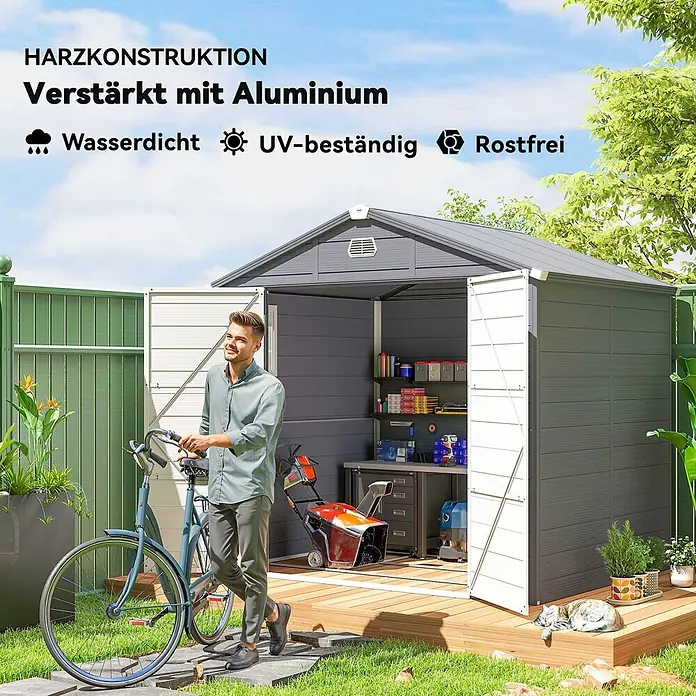 Outsunny Gerätehaus - Außenbreite inkl. Dachüberstand: 240 cm, Außentiefe inkl. Dachüberstand: 190 cm, Aluminium, Dunkelgrau - Grau-weißes Gartenhaus aus Harz mit Aluminium verstärkt, wasserdicht, UV-beständig, rostfrei, in einem sonnigen Garten.