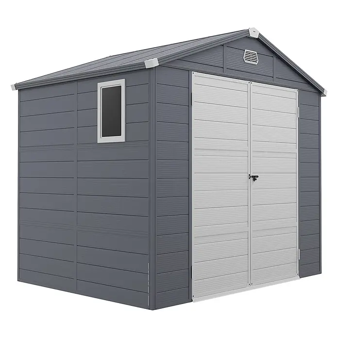 Outsunny Gerätehaus - Außenbreite inkl. Dachüberstand: 240 cm, Außentiefe inkl. Dachüberstand: 190 cm, Aluminium, Dunkelgrau - Dunkelgrauer Geräteschuppen mit hellgrauen Doppeltüren, einem Fenster und einer Dachlüftung.