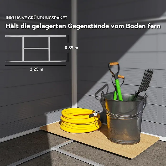 Outsunny Gerätehaus - Außenbreite inkl. Dachüberstand: 240 cm, Außentiefe inkl. Dachüberstand: 190 cm, Aluminium, Dunkelgrau - Diagramm eines Gründungspakets (2,25m x 0,89m) mit Holzfußboden, der Gartenschlauch und Werkzeuge vom Boden fernhält.