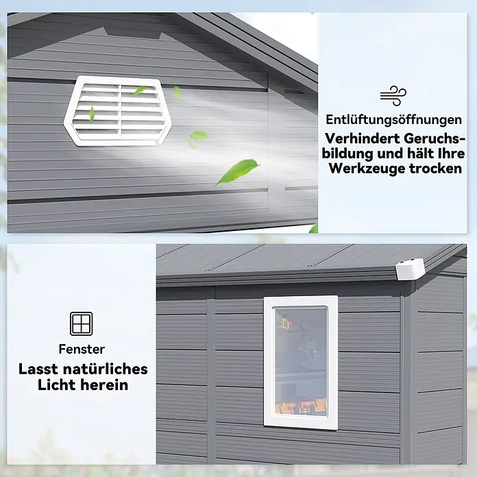 Outsunny Gerätehaus - Außenbreite inkl. Dachüberstand: 240 cm, Außentiefe inkl. Dachüberstand: 190 cm, Aluminium, Dunkelgrau - Graues Gartenhaus mit Lüftungsöffnung und Fenster für Luftzirkulation und Tageslicht.
