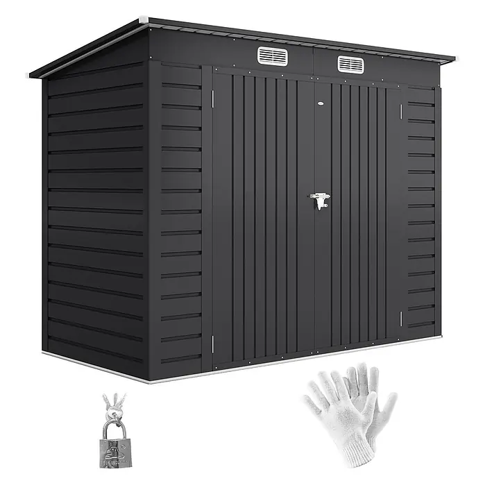 Outsunny Gerätehaus - Außenbreite inkl. Dachüberstand: 249 cm, Außentiefe inkl. Dachüberstand: 121 cm, Stahl, Grau - Dunkelgrauer Metall-Gartenschuppen mit Vorhängeschloss, Schlüsseln und weißen Arbeitshandschuhen.
