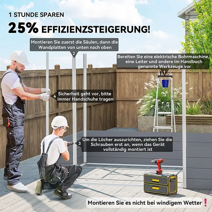 Outsunny Gerätehaus - Außenbreite inkl. Dachüberstand: 240 cm, Außentiefe inkl. Dachüberstand: 190 cm, Aluminium, Dunkelgrau - Zwei Männer montieren eine graue und weiße Outdoor-Struktur auf einer Terrasse, mit Installationsschritte und Sicherheitshinweise.