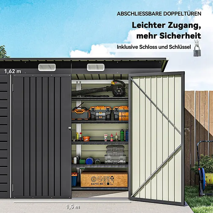 Outsunny Gerätehaus - Außenbreite inkl. Dachüberstand: 249 cm, Außentiefe inkl. Dachüberstand: 121 cm, Stahl, Grau - Metall-Gartenhaus in Anthrazit mit hellen Doppeltüren, innen Regale sichtbar, 1,62 m hoch, 1,5 m breit.