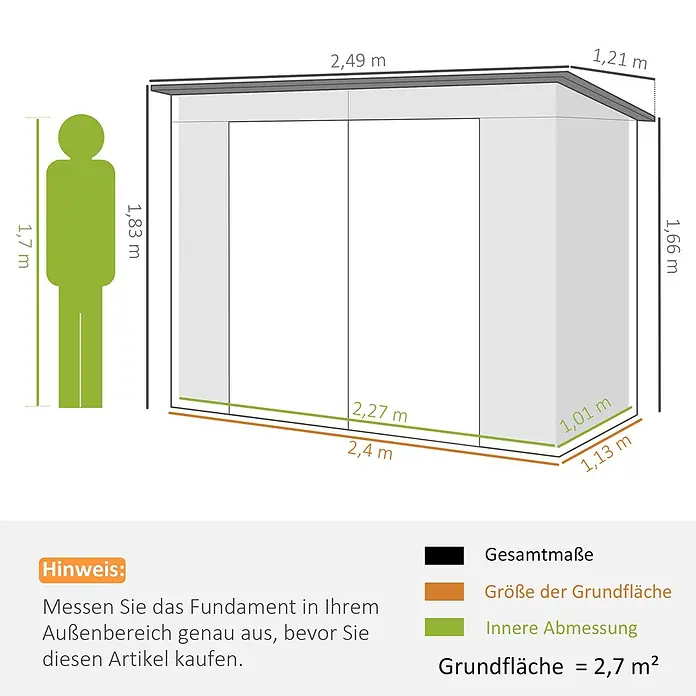 Outsunny Gerätehaus - Außenbreite inkl. Dachüberstand: 249 cm, Außentiefe inkl. Dachüberstand: 121 cm, Stahl, Grau - Diagramm mit detaillierten Außen- und Innenmaßen eines Gartenhauses, inklusive 2,7 m² Grundfläche und Person zum Größenvergleich.