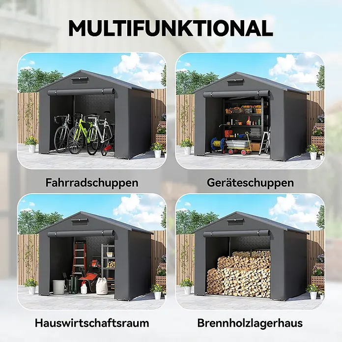 Outsunny Zeltgarage Dunkelgrau 247L x 180B x 202H cm -  - Dunkelgraues multifunktionales Gartenhaus als Fahrrad-, Geräte-, Wirtschaftsraum und Brennholzlagerhaus.