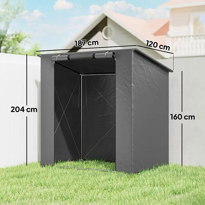 Outsunny Gerätehaus - Außenbreite inkl. Dachüberstand: 187 cm, Außentiefe inkl. Dachüberstand: 120 cm, Stahl, Dunkelgrau - Graues Stoff-Außenlagerzelt mit offener Front und schrägem Dach, mit Abmessungen gezeigt.