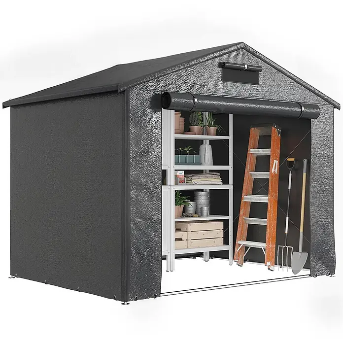 Outsunny Zeltgarage Dunkelgrau 247L x 180B x 202H cm -  - Dunkelgrauer strukturierter Geräteschuppen mit Rollfront, zeigt Gartengeräte und Regale.