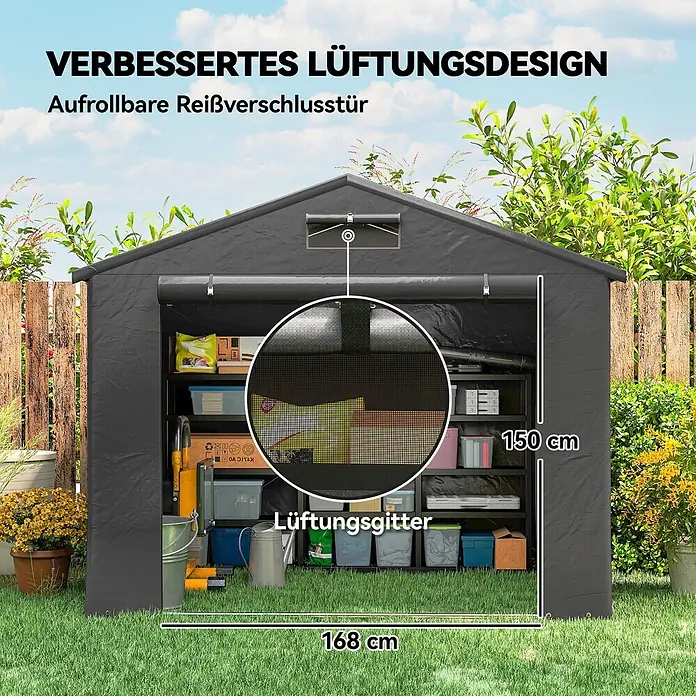 Outsunny Zeltgarage Dunkelgrau 247L x 180B x 202H cm -  - Dunkelgrauer Geräteschuppen mit aufrollbarer Reißverschlusstür und Lüftungsgitter, 150 cm hoch, 168 cm breit, für Gartenartikel.