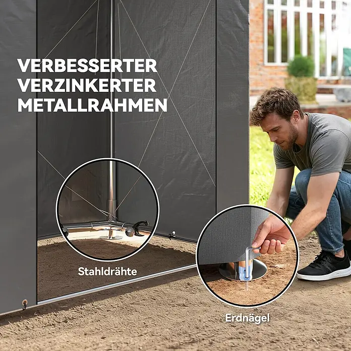 Outsunny Gerätehaus - Außenbreite inkl. Dachüberstand: 187 cm, Außentiefe inkl. Dachüberstand: 120 cm, Stahl, Dunkelgrau - Mann baut grauen Unterstand auf. Nahaufnahmen zeigen verbesserten verzinkten Metallrahmen, verstärkt mit Stahldrähten und Erdnägeln.