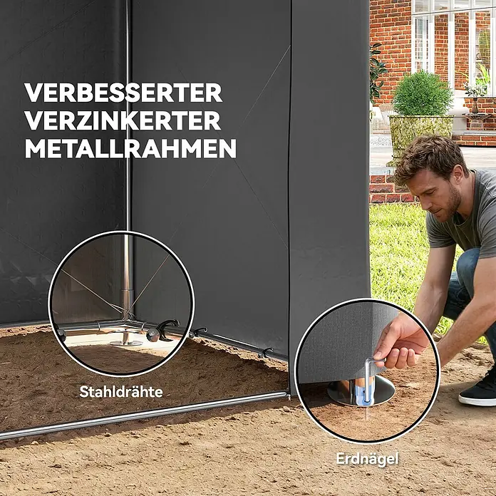 Outsunny Zeltgarage Dunkelgrau 247L x 180B x 202H cm -  - Dunkelgraue Outdoor-Struktur mit verbessertem verzinktem Metallrahmen, verstärkt mit Stahldrähten und Erdnägeln. Ein Mann montiert sie.