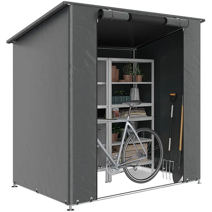 Outsunny Gerätehaus - Außenbreite inkl. Dachüberstand: 187 cm, Außentiefe inkl. Dachüberstand: 120 cm, Stahl, Dunkelgrau - Grauer Planen-Gartenschuppen mit Regalen, Fahrrad und Gartengeräten.