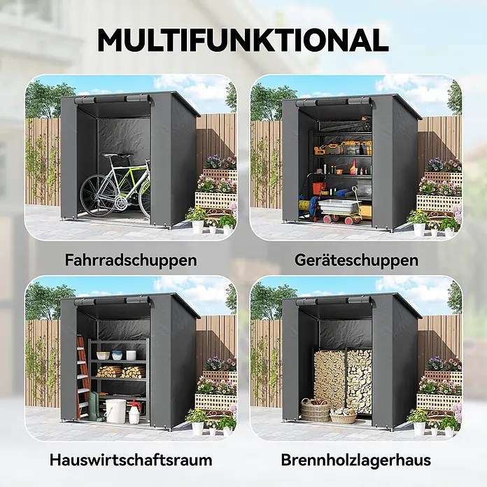 Outsunny Gerätehaus - Außenbreite inkl. Dachüberstand: 187 cm, Außentiefe inkl. Dachüberstand: 120 cm, Stahl, Dunkelgrau - Dunkelgrauer multifunktionaler Schuppen, genutzt als Fahrrad-, Geräte-, Hauswirtschaftsraum und Brennholzlager.
