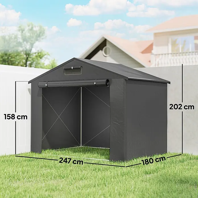 Outsunny Zeltgarage Dunkelgrau 247L x 180B x 202H cm -  - Dunkelgrauer Geräteschuppen/Zelt mit den Maßen 247x180 cm, 202 cm hoch, mit 158 cm Öffnungshöhe, auf Rasen.
