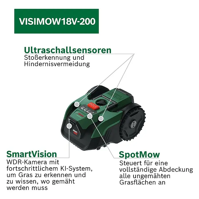 Bosch Power for All 18V Mähroboter VisiMow 18V-200 - 1 Akku, 200 m², Schnittbreite: 18 cm, Kamera-gestützte Navigation, Ultraschallsensorik - Grüner und schwarzer Mähroboter mit Sensoren und Kamera für autonomes Rasenmähen.