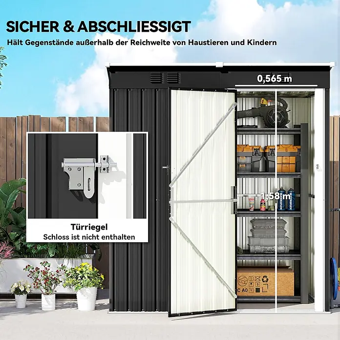 Outsunny Gerätehaus - Außenbreite inkl. Dachüberstand: 163 cm, Außentiefe inkl. Dachüberstand: 90 cm, Stahl, Dunkelgrau - Schwarzes und weißes Gartenhaus mit offener Tür, das Regale zeigt, und eine Nahaufnahme des Türriegels. Sicher zur Aufbewahrung.