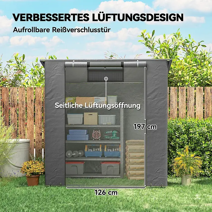 Outsunny Gerätehaus - Außenbreite inkl. Dachüberstand: 187 cm, Außentiefe inkl. Dachüberstand: 120 cm, Stahl, Dunkelgrau - Dunkelgraues Outdoor-Lagerzelt im Garten mit aufrollbarer Reißverschlusstür und seitlicher Lüftung. Maße 126x197 cm, gefüllt mit Gartengeräten.