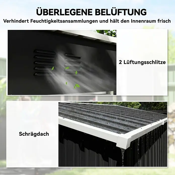 Outsunny Gerätehaus - Außenbreite inkl. Dachüberstand: 163 cm, Außentiefe inkl. Dachüberstand: 90 cm, Stahl, Dunkelgrau - Zwei Lüftungsschlitze und ein schräges, dunkles Wellblechdach für optimale Luftzirkulation und Wasserablauf.