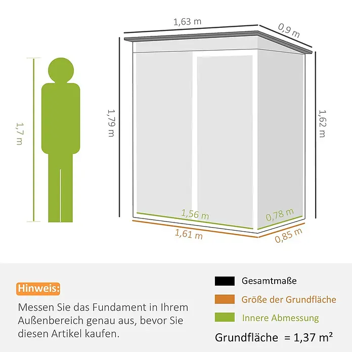 Outsunny Gerätehaus - Außenbreite inkl. Dachüberstand: 163 cm, Außentiefe inkl. Dachüberstand: 90 cm, Stahl, Dunkelgrau - Maßzeichnung eines Geräteschuppens: Außen-, Innen- und Grundflächenmaße. Inklusive 1,7m großer menschlicher Figur zur Skalierung.