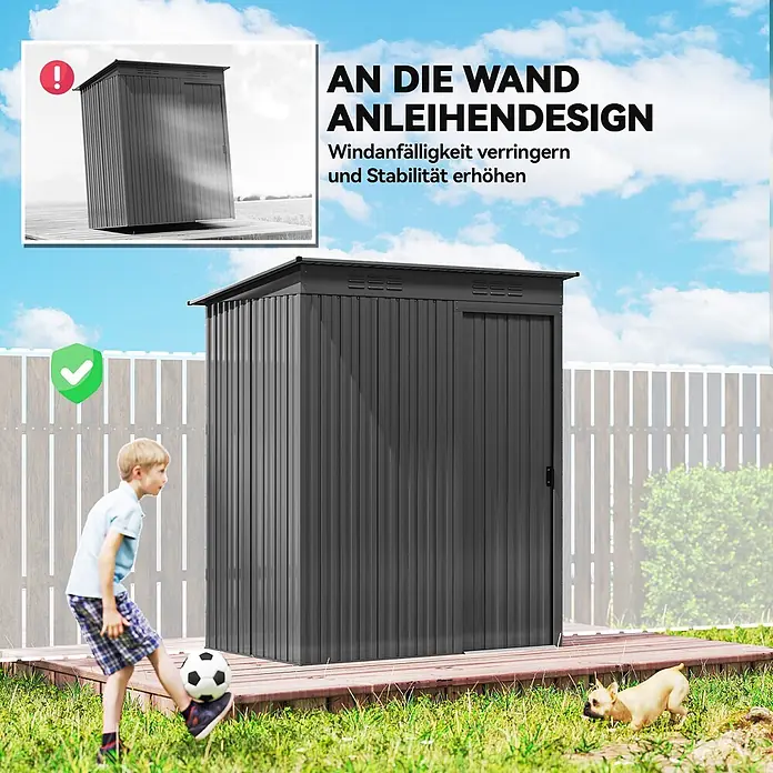 Outsunny Gerätehaus - Außenbreite inkl. Dachüberstand: 159 cm, Außentiefe inkl. Dachüberstand: 106 cm, Stahl, Dunkelgrau - Dunkelgrauer Metall-Gartenschuppen im Anlehn-Design, erhöht die Stabilität und reduziert die Windanfälligkeit, in einem Garten.
