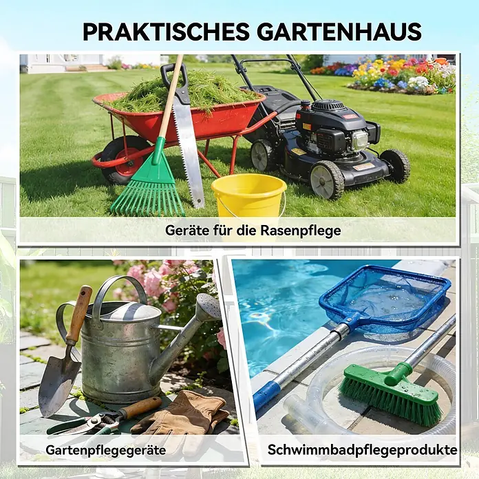 Outsunny Gerätehaus - Außenbreite inkl. Dachüberstand: 163 cm, Außentiefe inkl. Dachüberstand: 90 cm, Stahl, Dunkelgrau - Collage verschiedener Garten- und Poolpflegegeräte: Rasenmäher, Schubkarre, Rechen, Gießkanne, Schaufel, Schere, Poolkescher und Bürste für ein praktisches Gartenhaus.