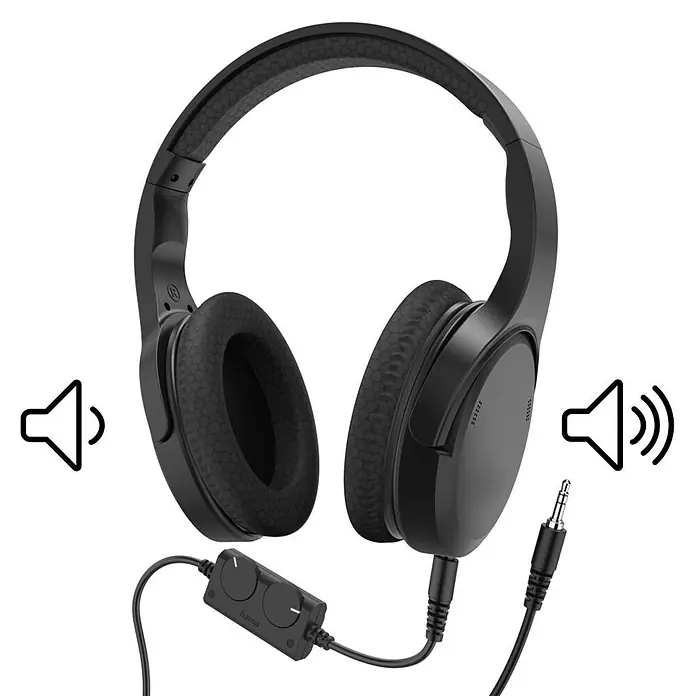 Hama Kopfhörer Fernseh-Kopfhörer Over-Ear langes Kabel - Schwarz - Schwarze Over-Ear-Kopfhörer mit Kabelfernbedienung und 3,5-mm-Klinkenstecker, mit texturierten Ohrpolstern und Bügel.