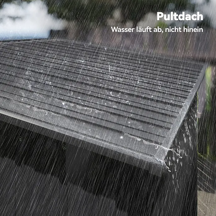 Outsunny Gerätehaus - Außenbreite inkl. Dachüberstand: 159 cm, Außentiefe inkl. Dachüberstand: 106 cm, Stahl, Dunkelgrau - Dunkelgraues Wellblech-Pultdach mit ablaufendem Regen, zeigt seine Wetterfestigkeit.