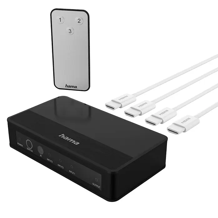 Hama HDMI-Umschalter 00121770 4K-HDMI-Umschalter 3x1 - Schwarz - Schwarzer Hama 3-Port HDMI-Umschalter mit Fernbedienung und vier weißen HDMI-Kabeln zum Anschluss mehrerer Geräte.